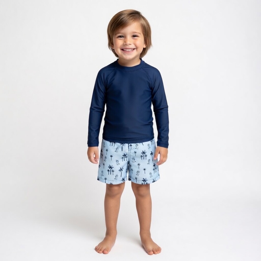 Bluey toddler boy tropical beach swim trunks featuring a palm tree print